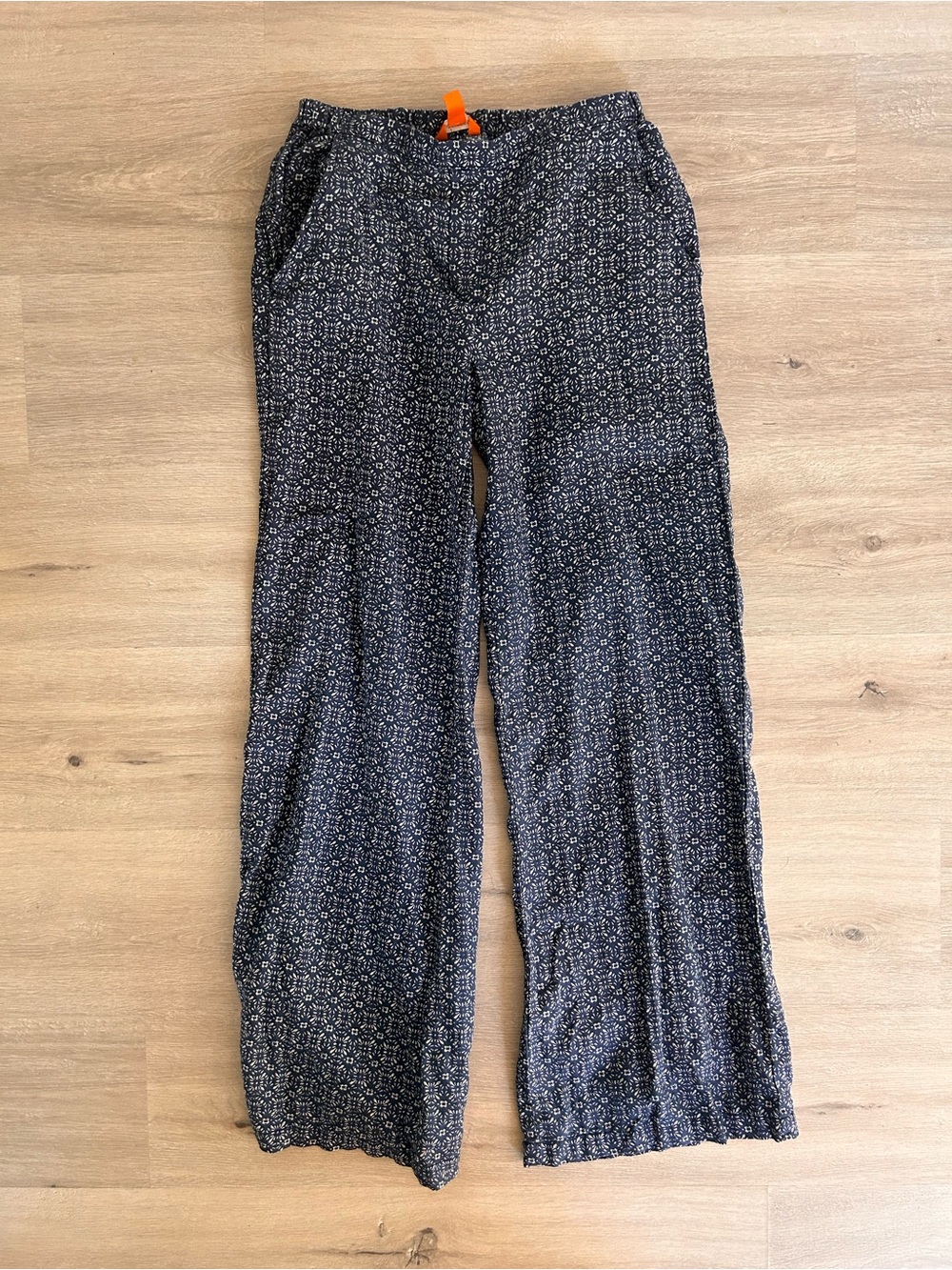 100% Linen Blue & White Geometric Wide-Leg Pants